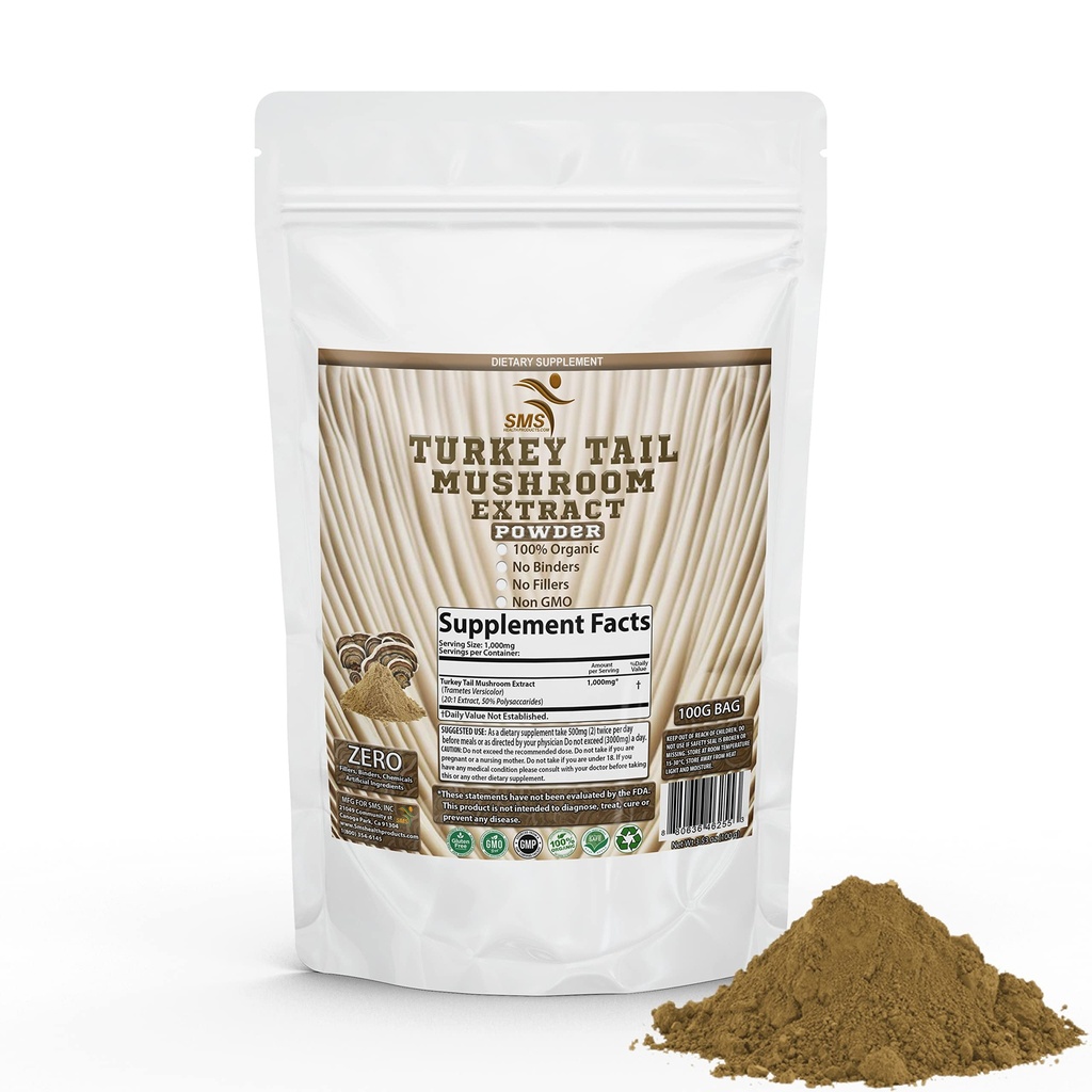 Turkey Tail Extract Powder - 50% Poly - 20:1 Powder - 100G by SMS - Natural Immune System Support and Digestive Support - Daily Mushroom Supplement, Organic, Non GMO
