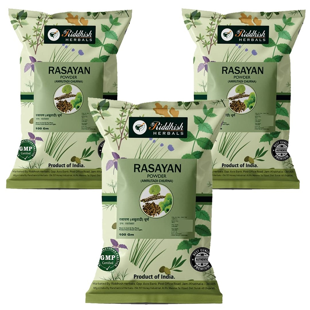 Rasayan Churna Powder (Amrutadi Churna) 100g x Pack of 3 – Herbal Blend with Guduchi, Amla & Gokshura – Traditional Ayurvedic Wellness Formula – Plant-Based Products.