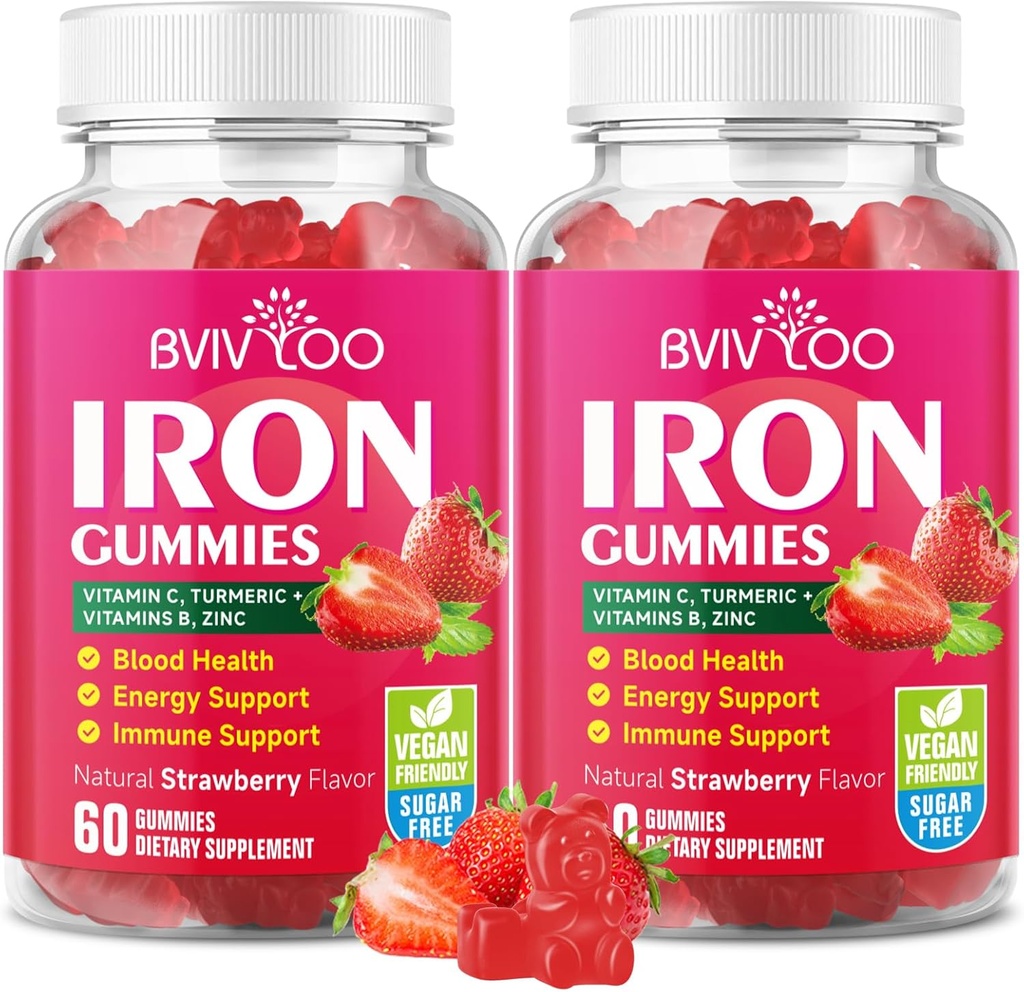 2 Pack Gummies de hierro vegano para adultos &amp; niños - con vitamina C, A, B-Complex, Folate, Zinc y Biotina - para el edificio de sangre " Apoyo energético, 120 Gummies