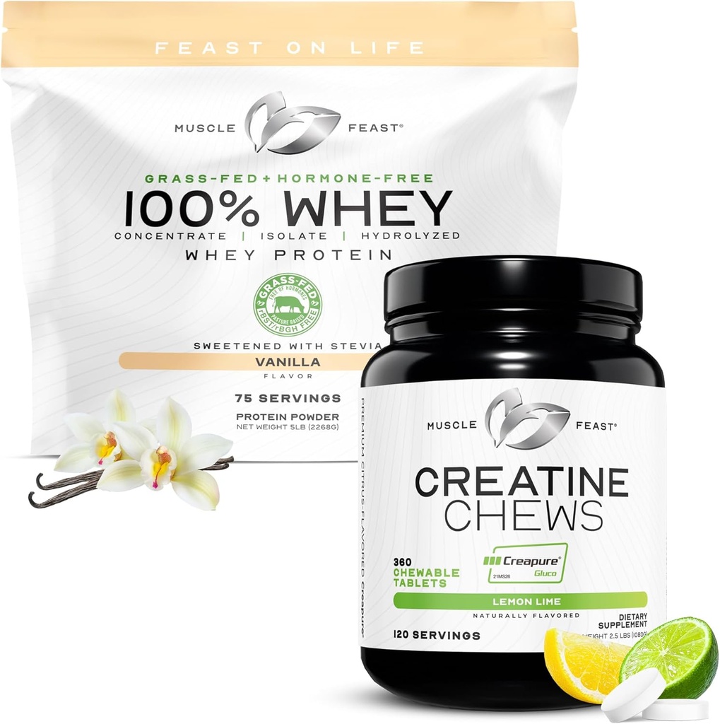 Muscle Feast Isolate + Creatine Candy Bundle: 1 Whey Protein Isolate (Vanilla, 5lb) + 1 Creatine Candy (Límon Lime, 360)