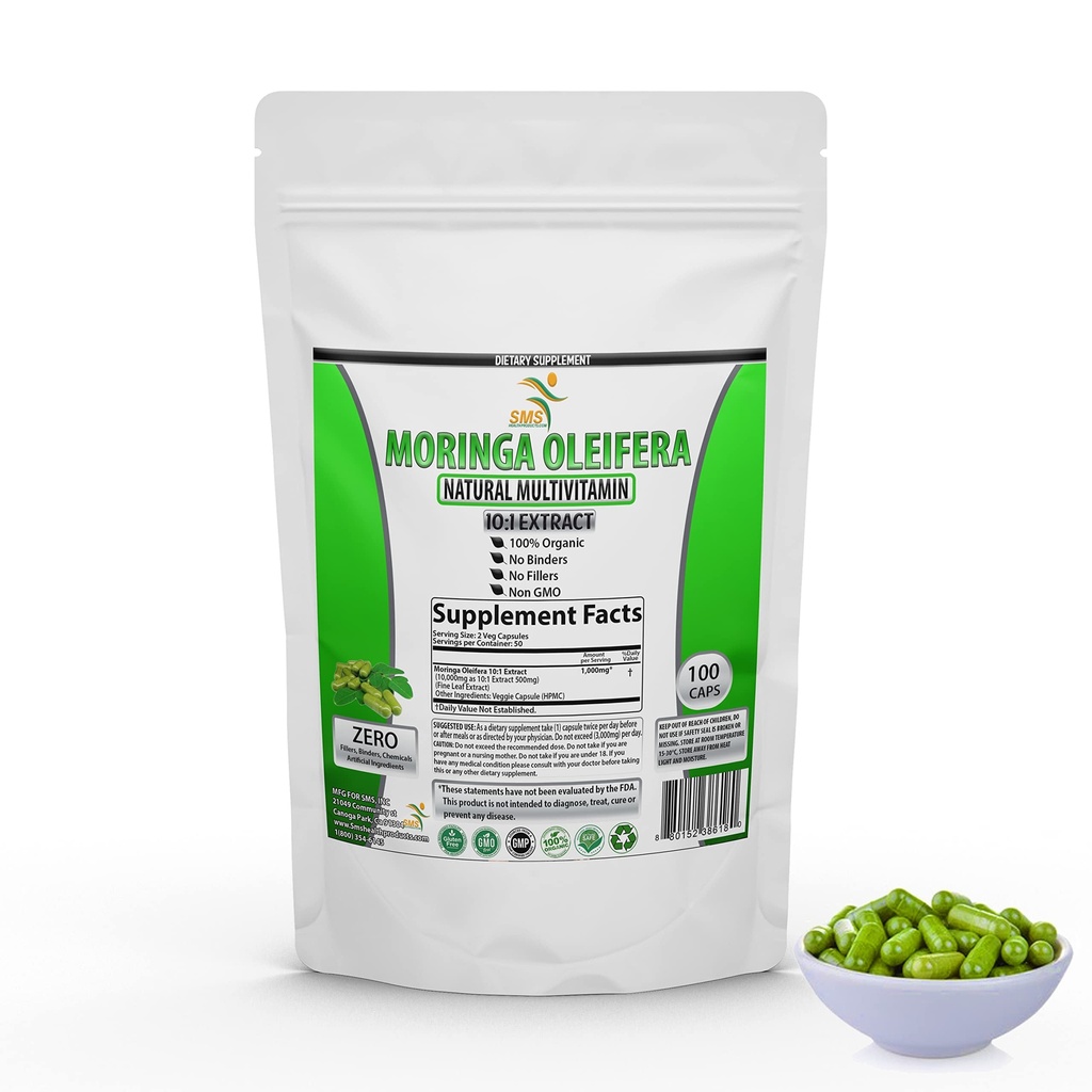 Moringa Oleifera 100 Veggie Capsules – 100% Pure Leaf Powder - 1000mg Per Serving - Complete Green Superfood Supplement - No Fillers, Binders - Pure Miracle Tree Moringa Super Greens Powder