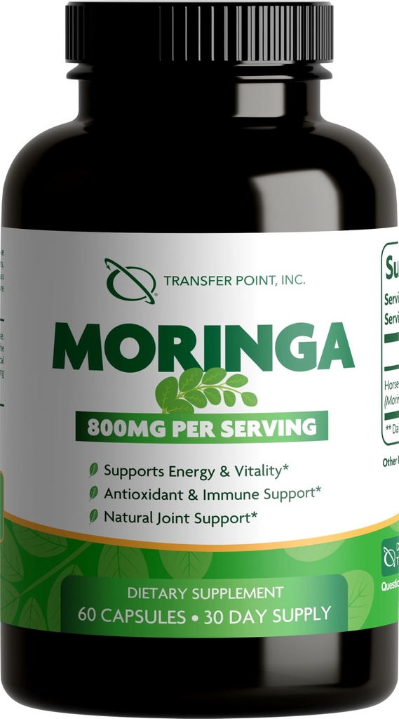 Transfer Point Moringa Oleifera Capsules 800 mg per Serving, Organic Leaf Supplement for Energy, Antioxidant & Immune Support, 60 Veggie Capsules (30 Day Supply)