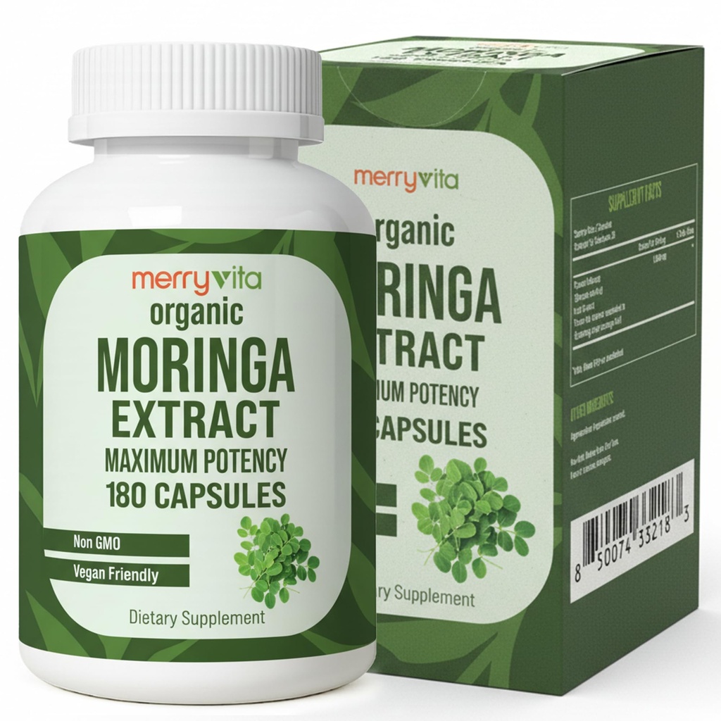 MERRY VITA Organic Moringa Capsules – Moringa Oleifera Leaf Extract – Moringa Supplement – Maximum Potency Green Superfood – Immune & Antioxidant Support – Vegan, Non-GMO – Made in USA – 180 Capsules