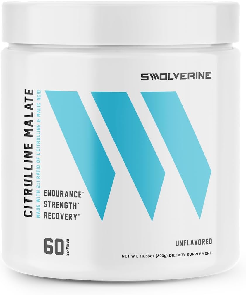 Swolverine Citrulline Malate 2:1 TENIDO 2:1 Relación de L-Citrulline " Ácido Malic, Aumenta la fuerza, mejora la resistencia muscular, Boost NO, Optimize Recovery, 300g, 5g Por Serving, Unflavored (60 Servings)