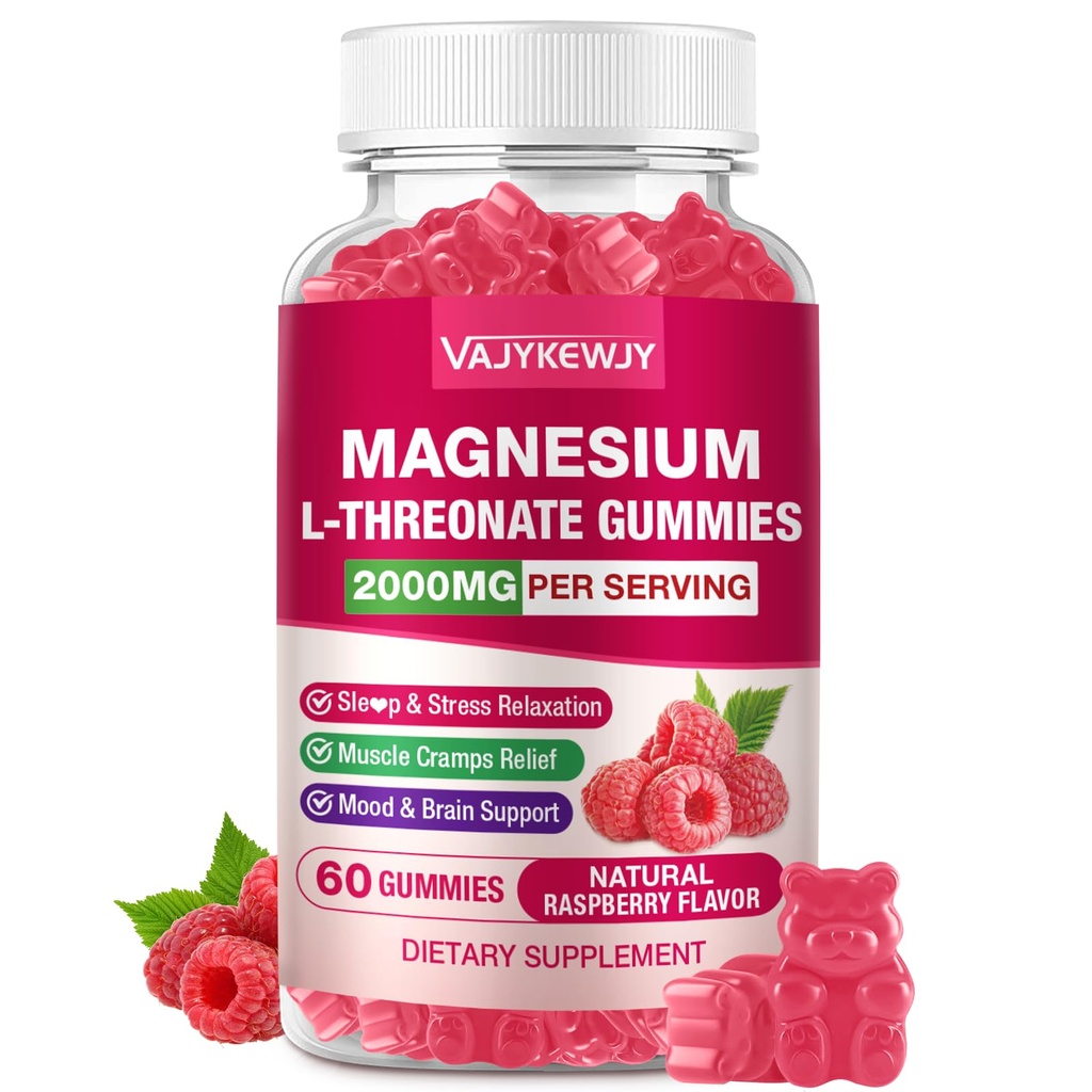 Magnesium L-Threonate Gummies - 2000mg for Brain, Muscle & Nervous System Support. Sugar-Free Raspberry Flavor, 60 Count for Kids & Adults