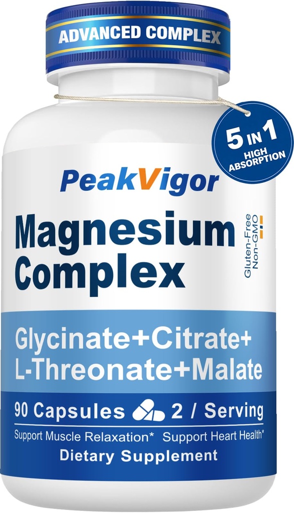 5 in 1 Magnesium Complex, 976mg Complex with Magnesium Glycinate, Citrate, Malate & L-Threonate, Vitamin B6 for High Absorption, Third Party Tested, Gluten-Free, Easy-Swallow Vegan Capsule