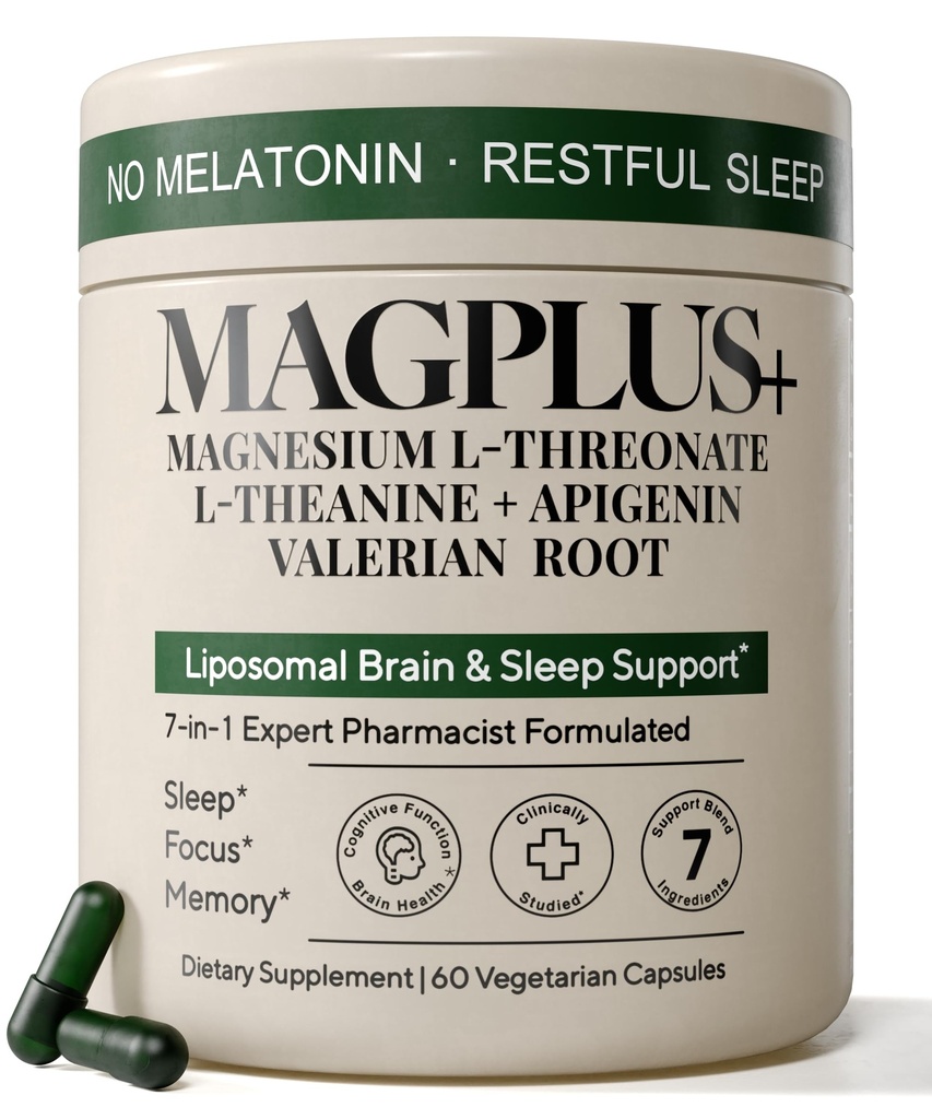 Magnesium L-Threonate with Apigenin, Valerian Root & L-Theanine – No Melatonin Restful Sleep & Brain Supplement – Clinically Studied 7-Ingredient Formula – Memory & Focus – 60 Capsules