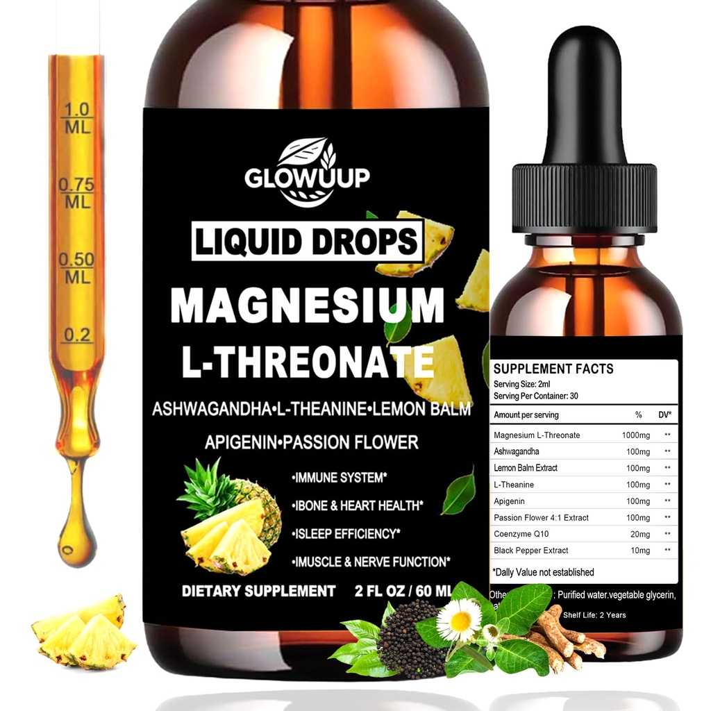Magnesium L-Threonate Liquid Drops, Magnesium L Threonate Supplement w. Apigenin,Theanine,Lemon Balm for Sleep & Memory, Brain & Nerve Support, Fast Acting Liquid l Threonate Magnesium Than Capsules