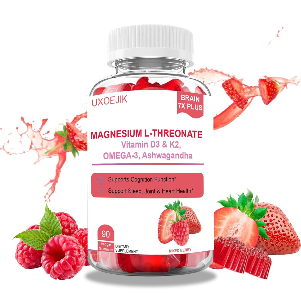 Magnesium L-Threonate Gummies - with Vitamin D, K2 & Omega-3 Fish Oil - Brain Health, Memory and Sleep Support - Vegan Non-GMO, Natural Berry Flavor (90)