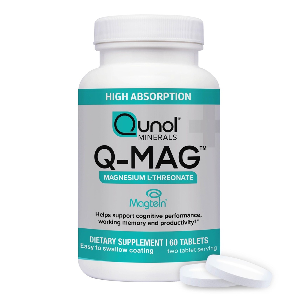 Qunol Q-Mag Magnesium L-Threonate Tablets, 2000mg of Magtein to Help Support Cognitive Performance, Improve Mental Alertness & Productivity, Supports Restful Sleep, High Absorption, 60 Count