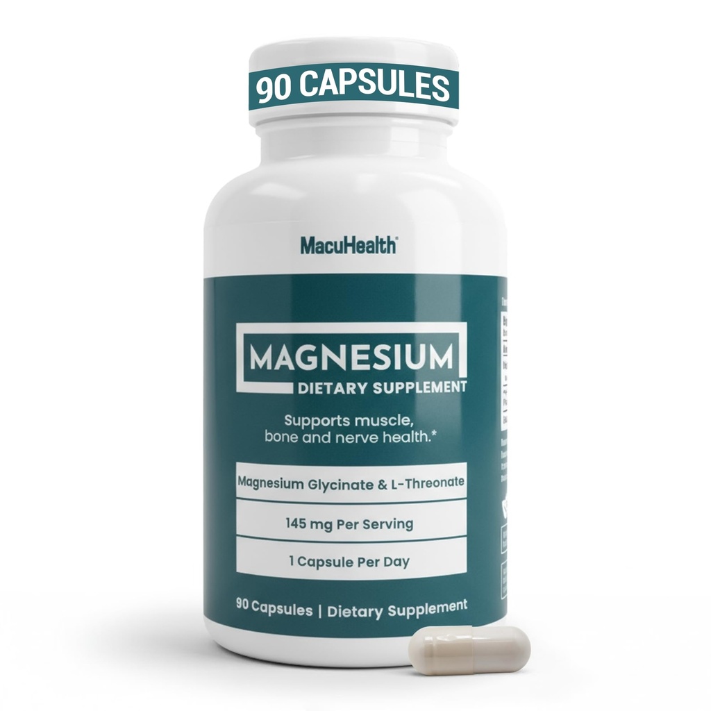 MacuHealth Magnesium Glycinate & L-Threonate 145mg - 90 Capsules - Highly Absorbable Magnesium for Energy, Calm & Focus - Gentle on Stomach, Vegan, Non-GMO - Premium Chelated Magnesium Supplement