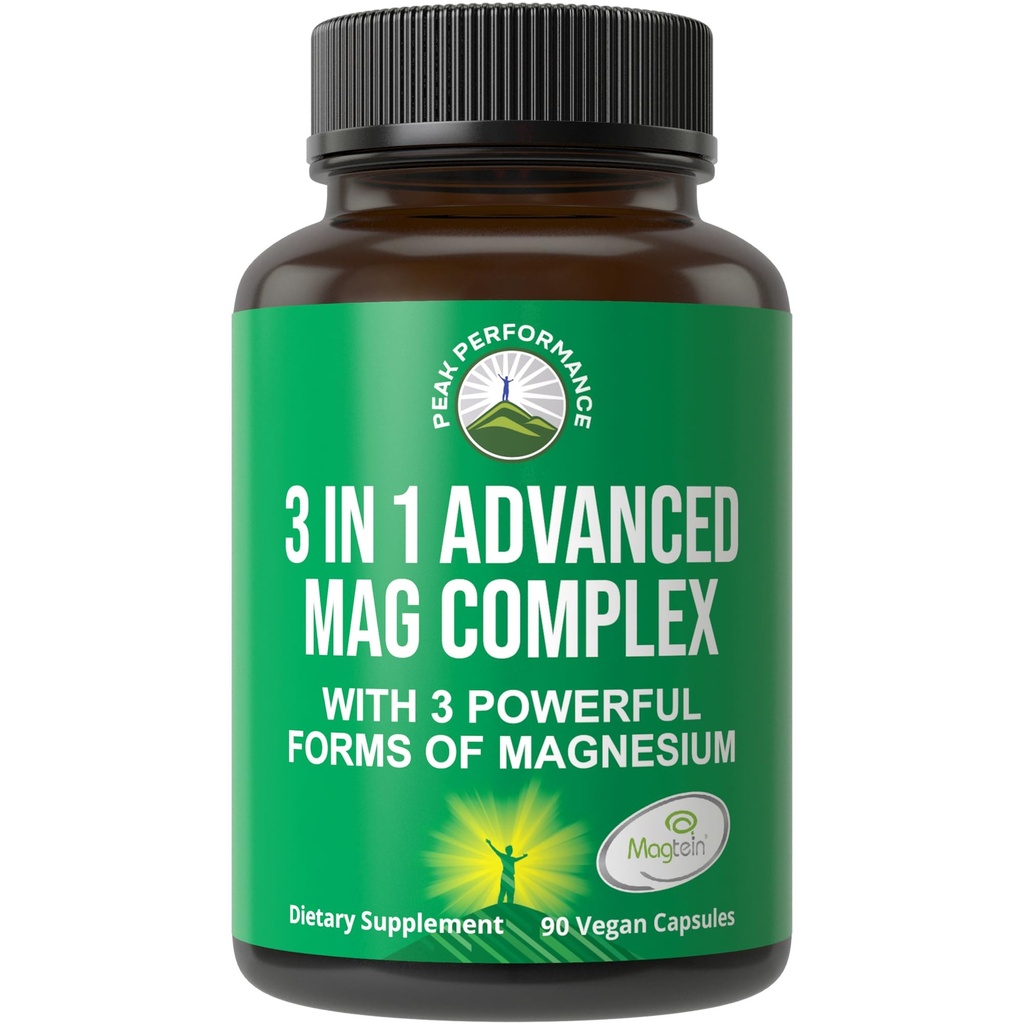 3 in 1 Advanced Magtein Magnesium Complex Capsules with Clinically Tested Magnesium L-Threonate, Glycinate & Taurinate. High Absorption & Bioavailability. Support Brain, Focus & Memory. 90 Vegan Pills