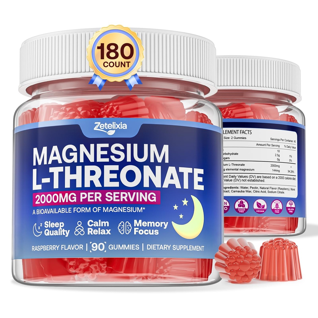180 Count | 2 Pack Magnesium L-Threonate Gummies 2000mg, Magnesium Threonate Supplement for Adults & Kids, Support Cognition, Restful Sleep & Muscle Health, Sugar Free, Vegan, Non-GMO