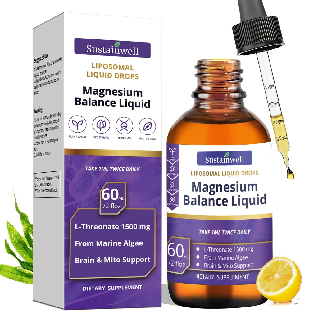 Magnesium L-Threonate Liquid Drops 1500mg High Absorption Brain Supplement for Memory Focus Sleep Sugar Free Vegan 2.04 Fl Oz,GMP Certification Applies to Both Kids and Adults