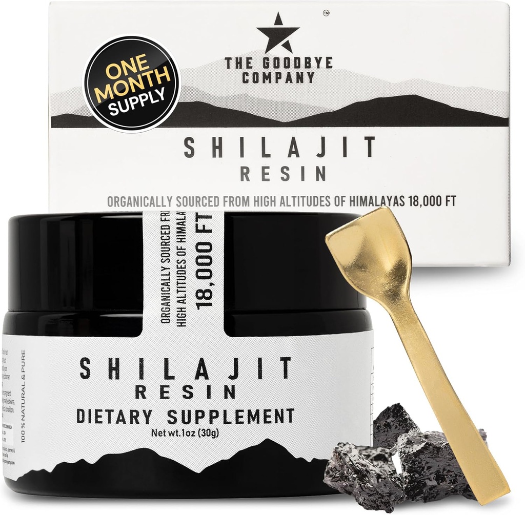 La Compañía de Adiós Pura Shilajit Resin – Orgánica con 85+ Minerales Trace y Ácido Fulvico Puro; para Hombres y Mujeres Energía Boost, Edificio del Musculo, Stamina, Vitalidad Suplemento 3-Mes