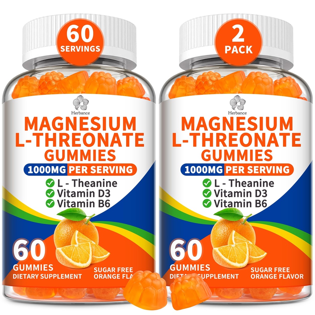 (2 Pack) Magnesium L-threonate Gummies 1000mg for Kids & Adults, High Absorption Magnesium Threonate with L - Theanine Vitamin D3 & B6 for Muscle, Nervous System, Sugar-Free, Orange Flavor