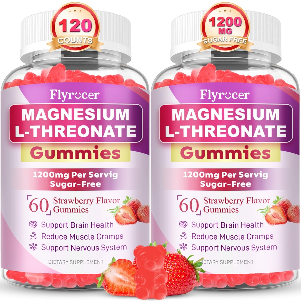 2 Pack Magnesium L-Threonate Gummies - Magnesium Threonate Gummies Supplements for Kids & Adults, Support Cognitive Function, Brain & Nerves Health, Strawberry Flavor, 120 Count