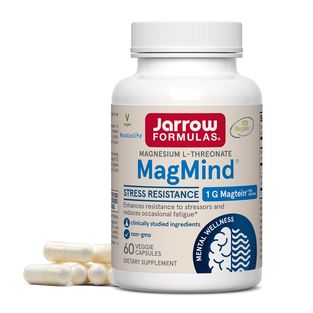 Jarrow Formulas Magnesium L-Threonate, MagMind Stress Resistance with L-Theanine and Rhodiolife, High Absorption Magnesium, Stress Relief and Mood Support, 60 Veggie Capsules, Up to a 30 Day Supply