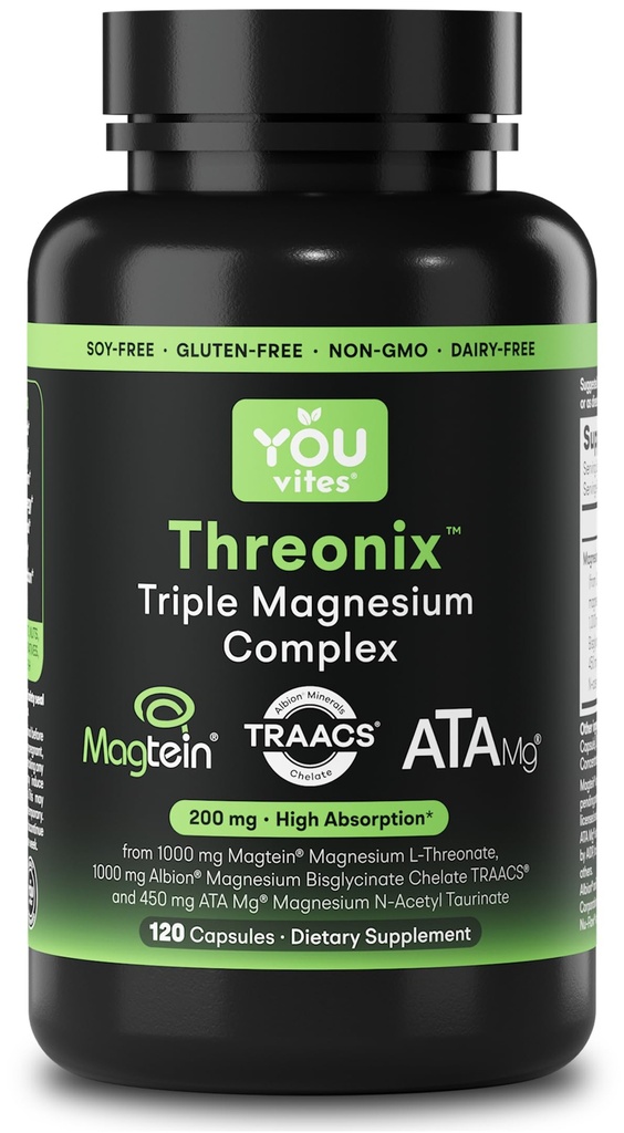 Threonix Triple Magnesium Complex - Magtein L-Threonate, Bisglycinate Chelate TRAACS & ATA Mg - Brain, Sleep, Mood & Focus Support - High Absorption, Gentle on Stomach - 120 Capsules