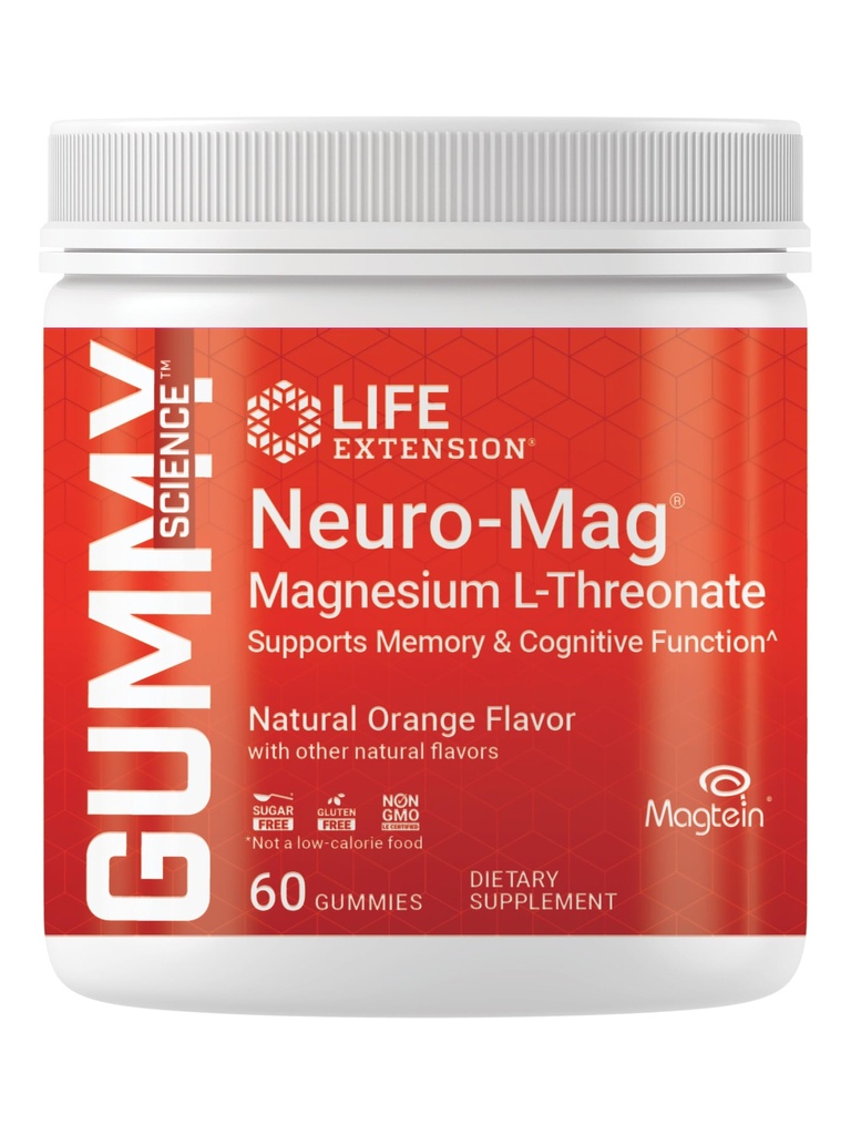 Life Extension Gummy Science™ Neuro-Mag® Magnesium L-Threonate, Memory Support, Quick Thinking, cognition, Magnesium Supplement, Gluten-Free, Non-GMO, Orange Flavor, 60 Gummies