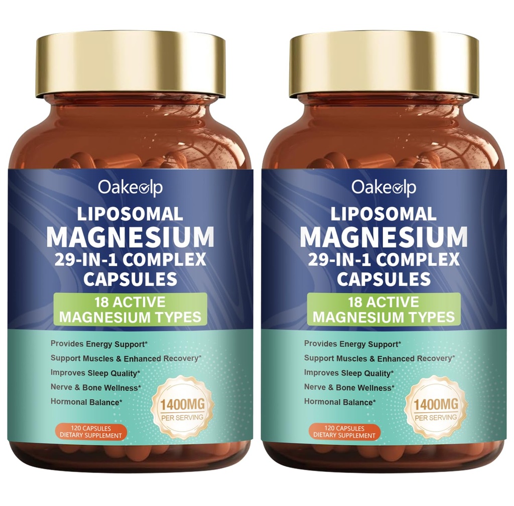 2 Pack 29-in-1 Liposomal 18 Active Types Magnesium Complex 1400MG Capsule,L-Threonate Glycinate Malate etc,Mild & Efficient,Extra Vitamin B6 B12 D3K2 & CoQ10, Relaxation Nerve* & Hert* Support