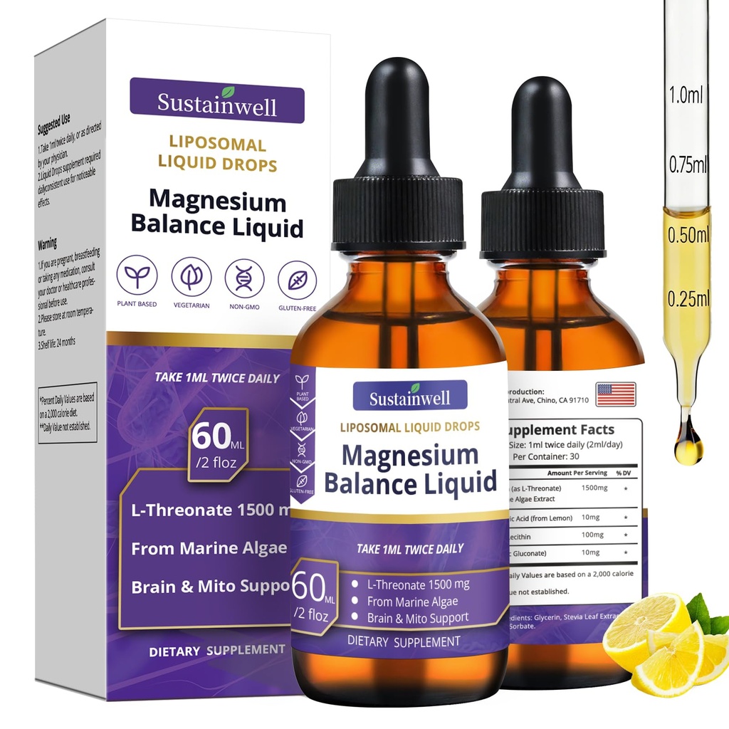 Magnesium L-Threonate Liquid Drops Magnesium L Threonate Supplement 1500mg High Absorption Brain Supplement for Memory Focus Sleep Sugar Free Vegan 4.08 Fl Oz(2 Pack)