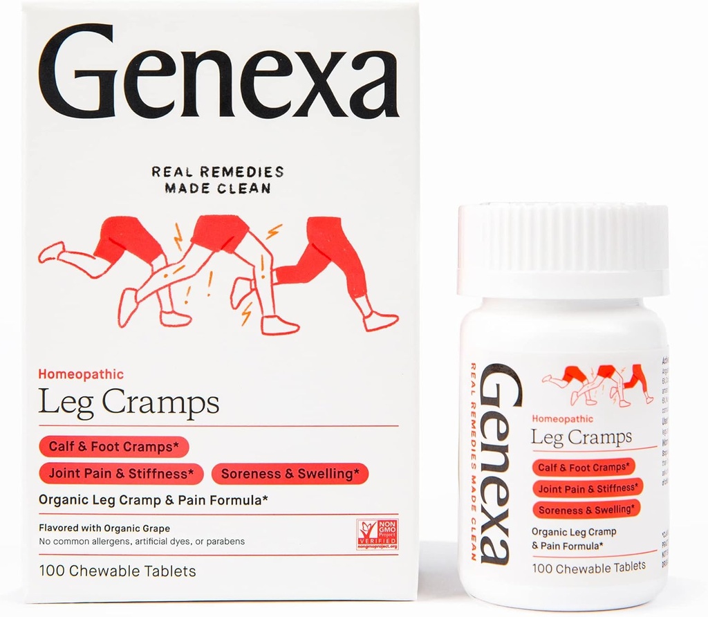 Genexa Leg Cramps Relief ¦ Foot Cramp Defense, Joint Pain & Stiffness, Soreness & Swelling ← Soothing Organic Grape Flavor ← Vegan & Non-GMO ← Homeopathic Remedy Made Clean TEN 100 Chewable Tablets