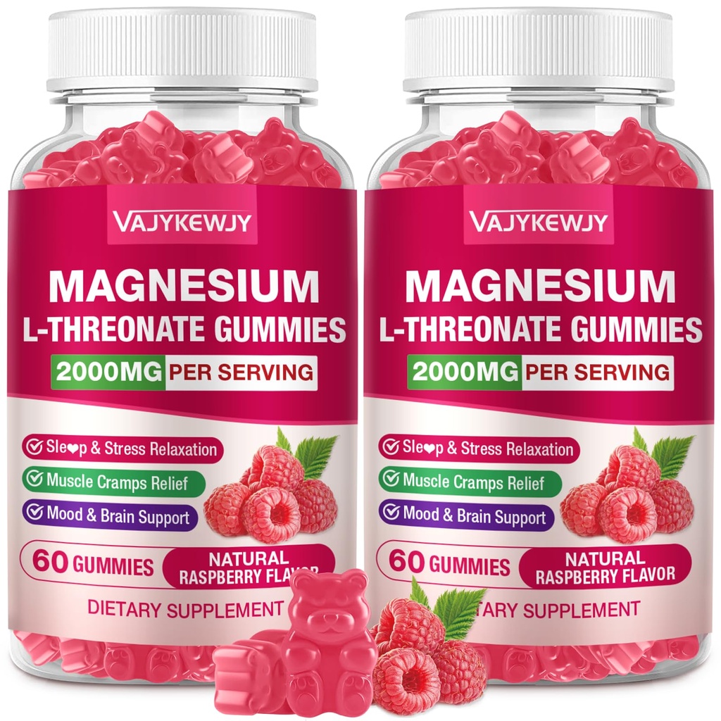 2 Pack Magnesium L-Threonate Gummies - 2000mg for Brain, Muscle & Nervous System Support. Sugar-Free Raspberry Flavor, 120 Count for Kids & Adults