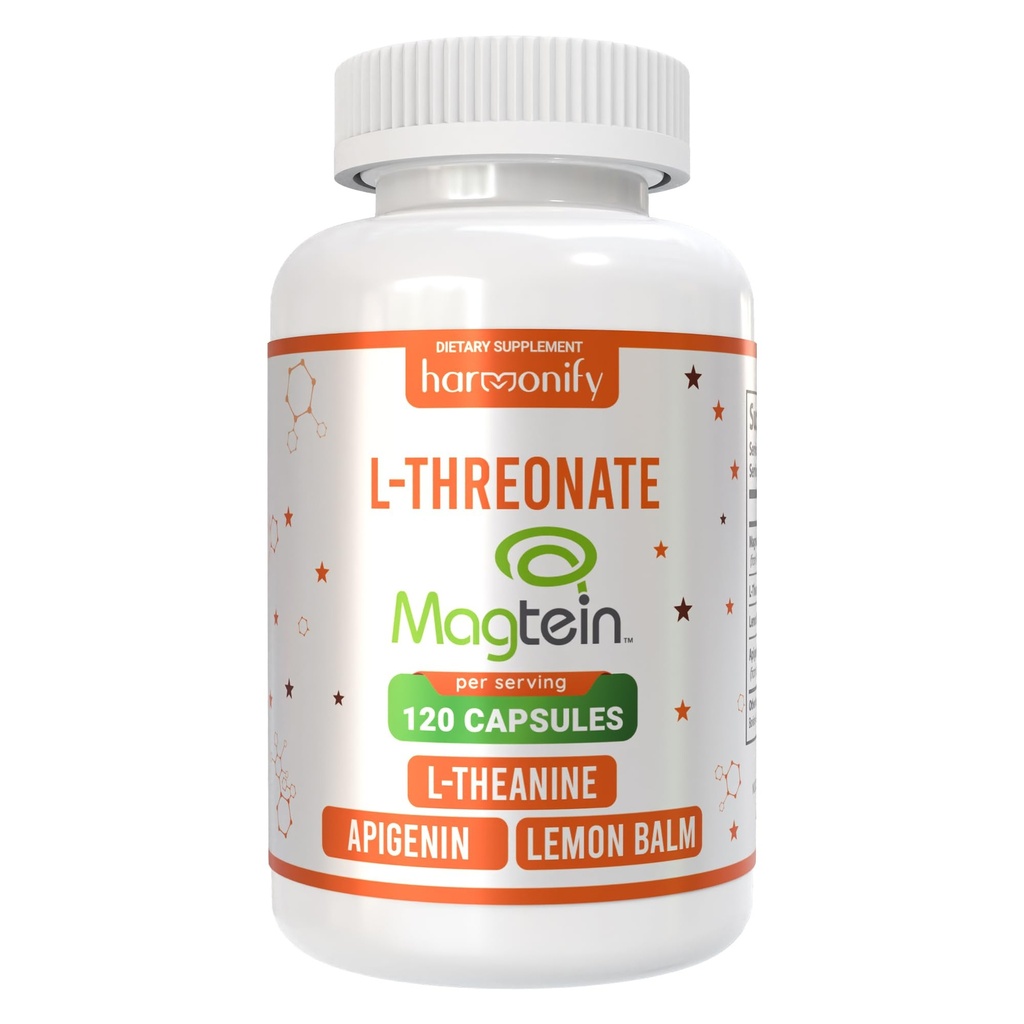 Magtein Magnesium L Threonate Supplement with L Theanine, Lemon Balm and Apigenin, High Absorption 120 Purified Veggie Capsules, 1400 mg, Gluten Free, Non-GMO, Vegetarian