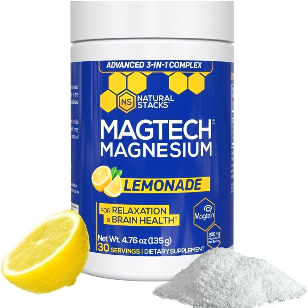 Magtein Magnesium L-Threonate, Glycinate & Taurate - MagTech Magnesium Powder - Sugar Free Lemonade Drink - 200mg Chelated Triple Complex - Supports Relaxation & Brain Health* - 30 Servings