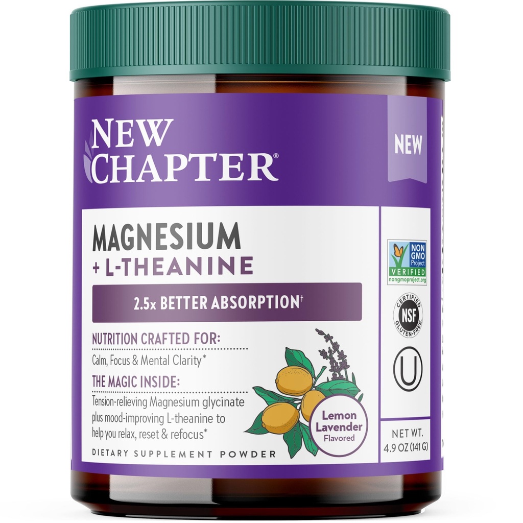 New Chapter Magnesium Glycinate + L-Theanine Supplement Powder, with 325 mg Magnesium & L-Theanine 200 mg for Calm, Focus, Mental Clarity, Muscle Relaxation & Cortisol Balance*, 30 Servings