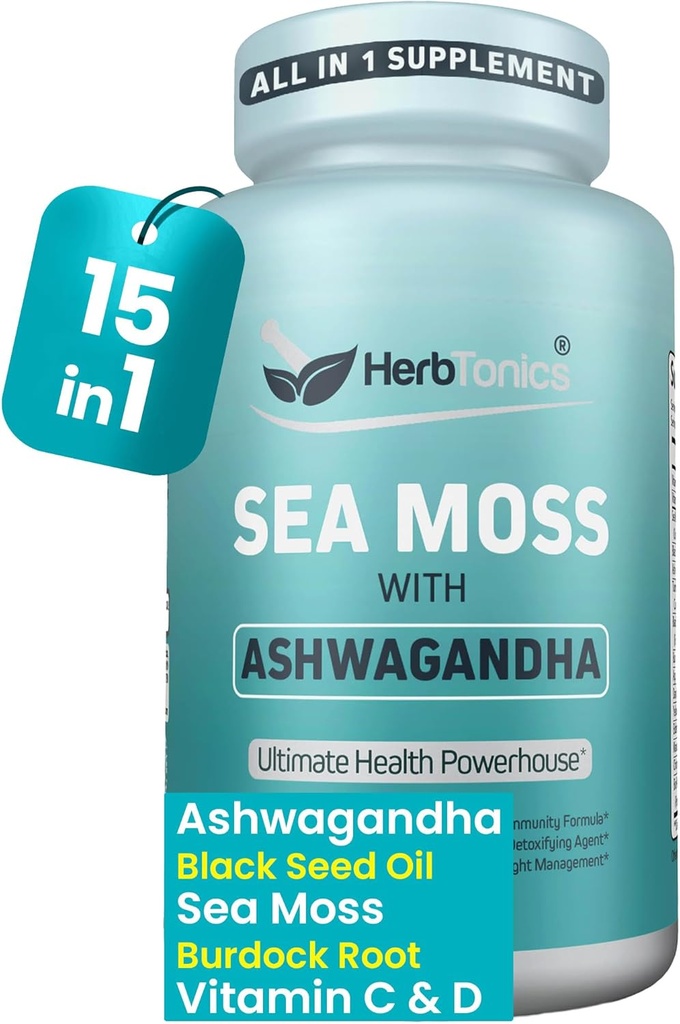 Herbtonics Sea Moss, Black Seed Oil, Ashwagandha, Burdock Root & ACV Complex ← Inmunity Boost, Reduce Stress, Support Digestion ← All-in-One SeaMos Capsules ← 60 Capsules