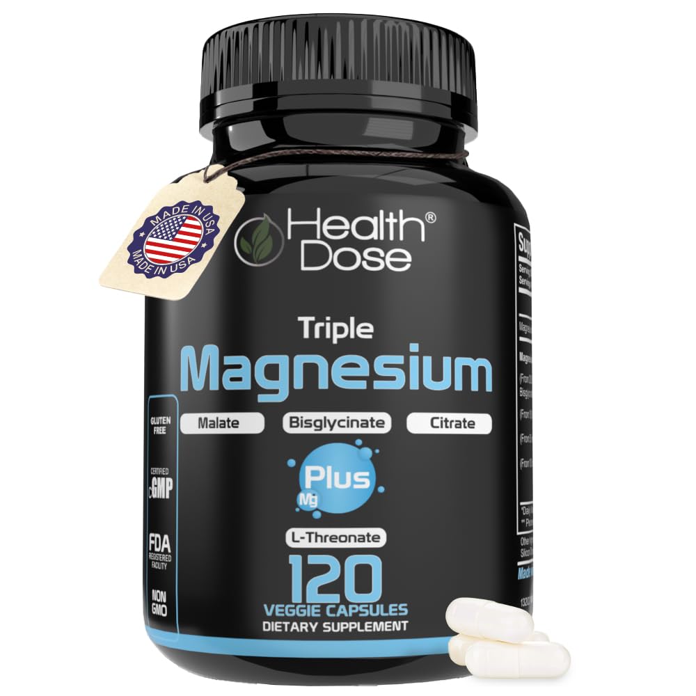 Health Dose Triple Magnesium Complex 1000 mg | L-Threonate, Bisglycinate, Citrate & Malate Blend | Support for Muscle Relaxation, Sleep & Cognitive Function | 120 Capsules | All-in-One Formula
