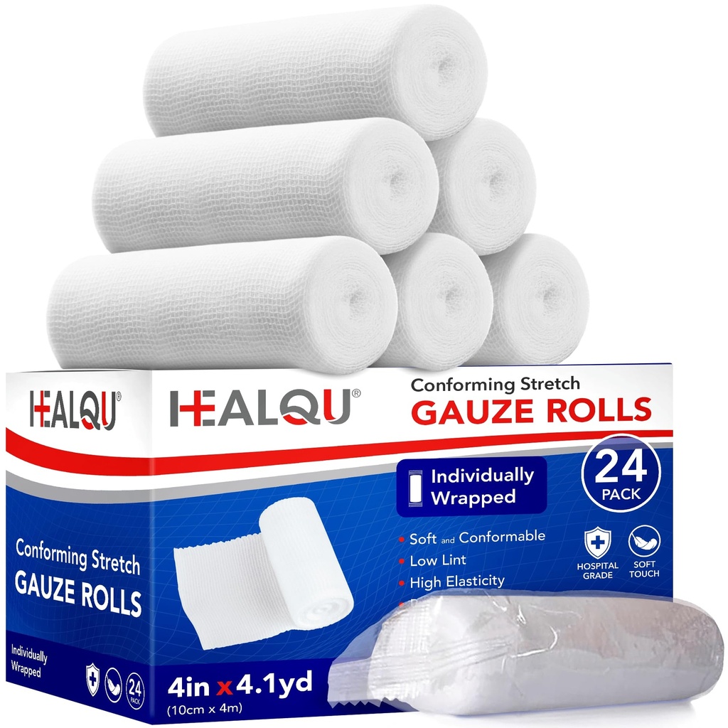 HEALQU Premium Gauze Rolls - 4" x 4 Yards - 24 Rolls, Individually Wrapped Conforming Stretch Gauze Bandage - Super Soft Woven Stretch Bandages for Primary Wound Dressing Support