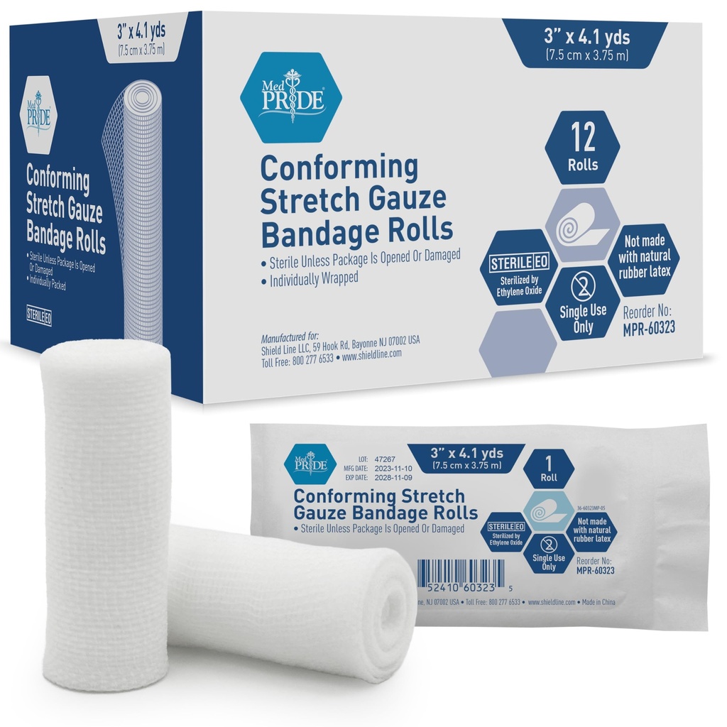 MED PRIDE Conforming Stretch Gauze Bandages 12 Rolls 3'' x 4.1 Yards| Sterile Latex Free First Aid Pads | Wound Care Rolled Dressing Wrap | Medical Non-Adherent Mesh Bandages