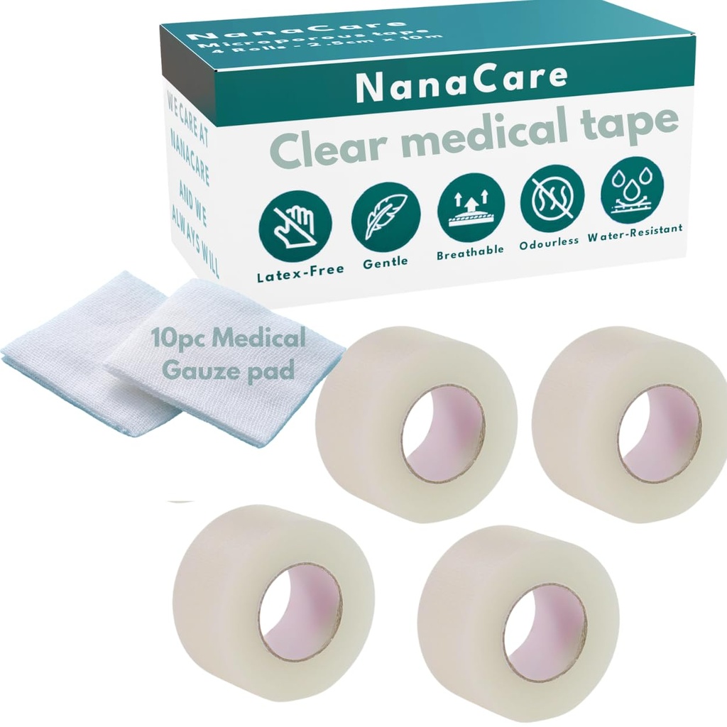 NanaCare Clear Medical Tape Waterproof, 4 Rolls- 1 inch x 10 yds + 10 pc Gauze Pads - Hypoallergenic Surgical Tape for Wound Care, Dressings & Face, First Aid Waterproof Bandage for Sensitive Skin