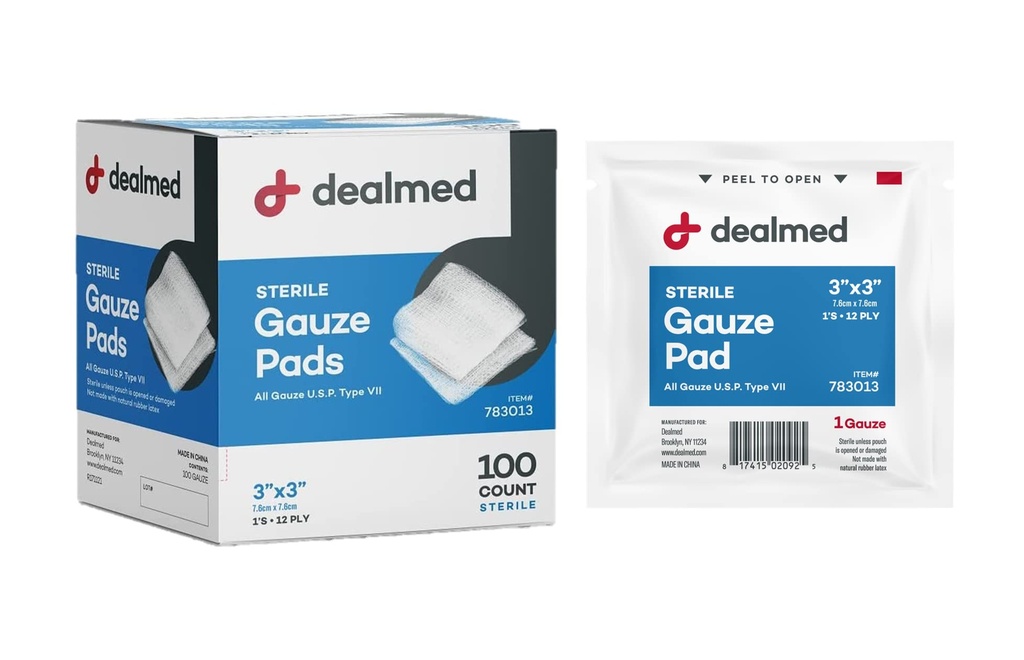 Dealmed 3’’ x 3’’ Sterile Gauze Pads (100 Count) Disposable and Individually Wrapped Medical Gauze Pads, Wound Care Product for First Aid Kit and Medical Facilities (Pack of 1)