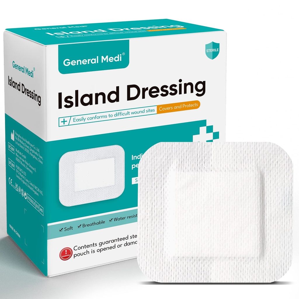 General Medi Sterile Island Dressing Bordered Gauze – 50 Count, 4" x 4" Gauze Pads, Wound Care Pad with Adhesive Border - Sterile, Soft & Highly Absorbent Medical Grade Dressing Pad