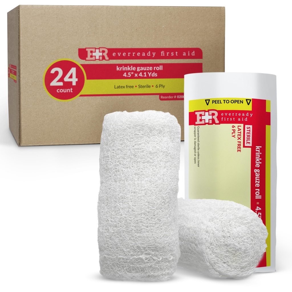 Ever Ready First Aid Sterile Krinkle Kerlix Type 4 1/2" x 4.1 Yds, Latex Free, 6 PLY, Gauze Bandage Roll - 24 Count