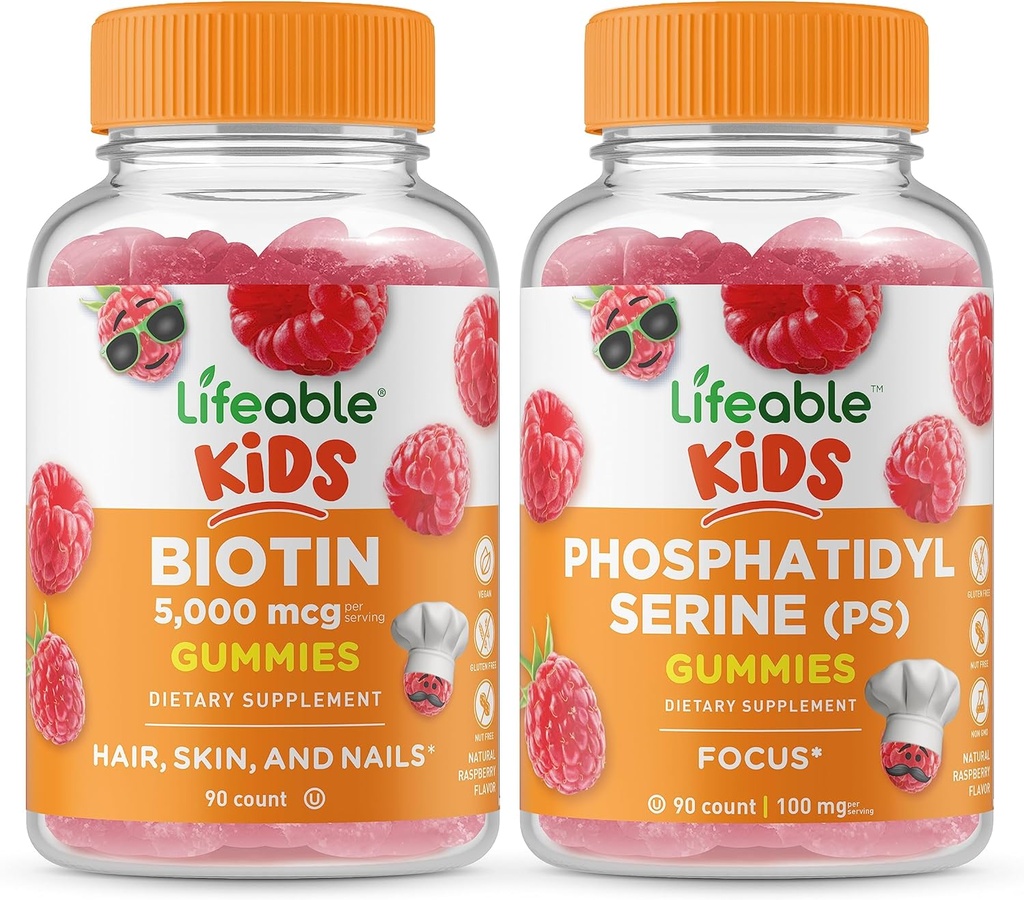 Lifeable Biotin Kids + Phosphatidylserine (PS) Kids, Gummies Bundle - Great Tasting, Vitamin Supplement, Gluten Free, GMO Free, Chewable Gummy