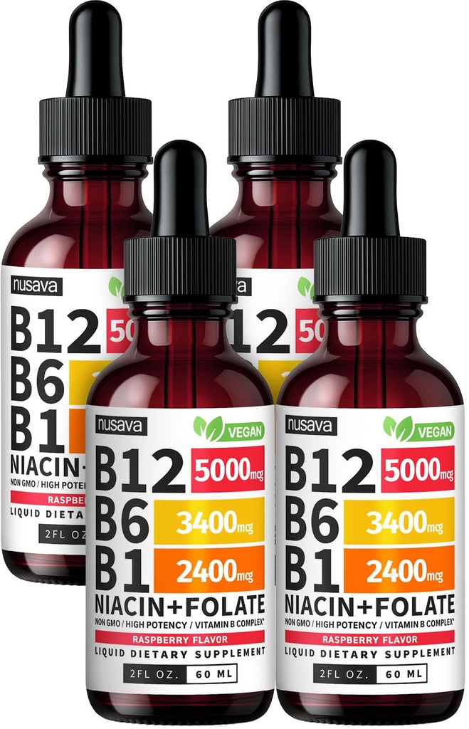 (4 Pack) Vitamina B12 y B6 Liquid Drops, B12 Sublingual Vitamina B Complejo - B 12 Vitamina 5000mcg - B12 Metilcobalamina for Energy, Brain, and Heart Support with 27,200 mcg, Raspberry, 80 Servings