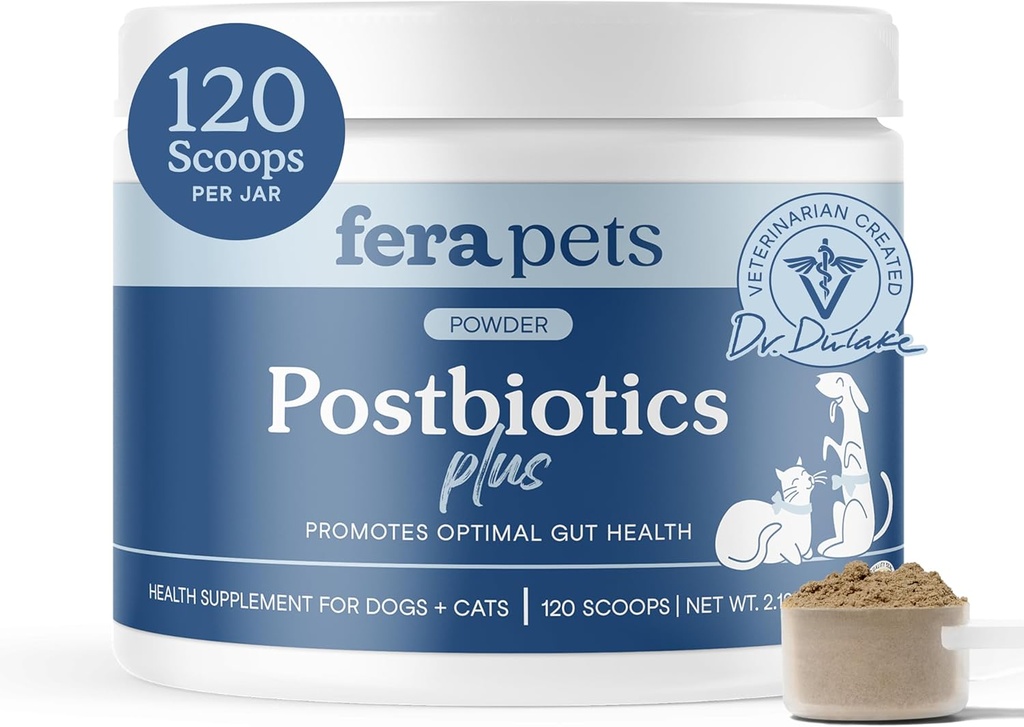 Fera Pets Postbióticos Plus Prebióticos para perros &amp; gatos - con Elm resbaladizo - promueve la salud digestiva óptima " Respuesta inflamatoria - mejora la inmunidad - 120 Scoops