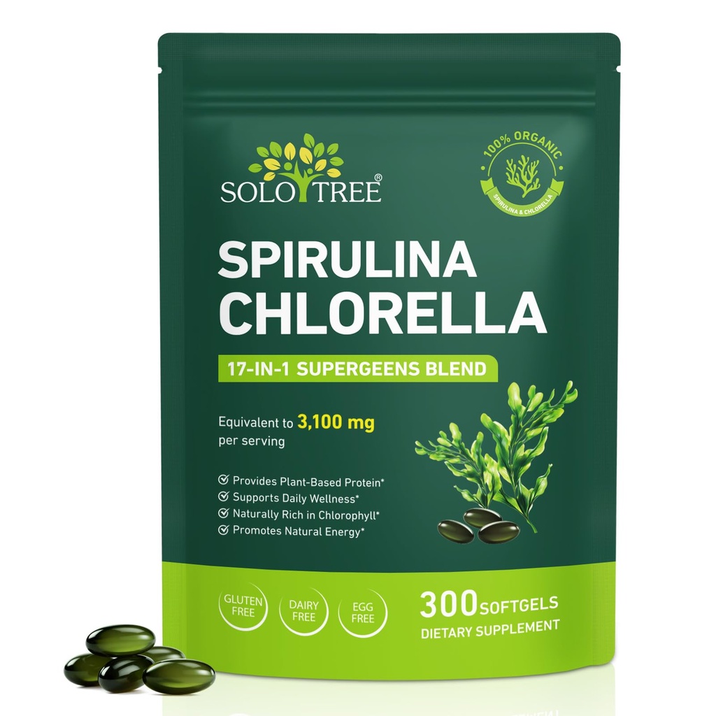 Organic Spirulina Chlorella Capsules,17-in-1 Supergeens Blend,Rich in Vegan Protein & Chlorophyll,Immune Support,Non-GMO and Gluten Free Supplement,300 Softgels