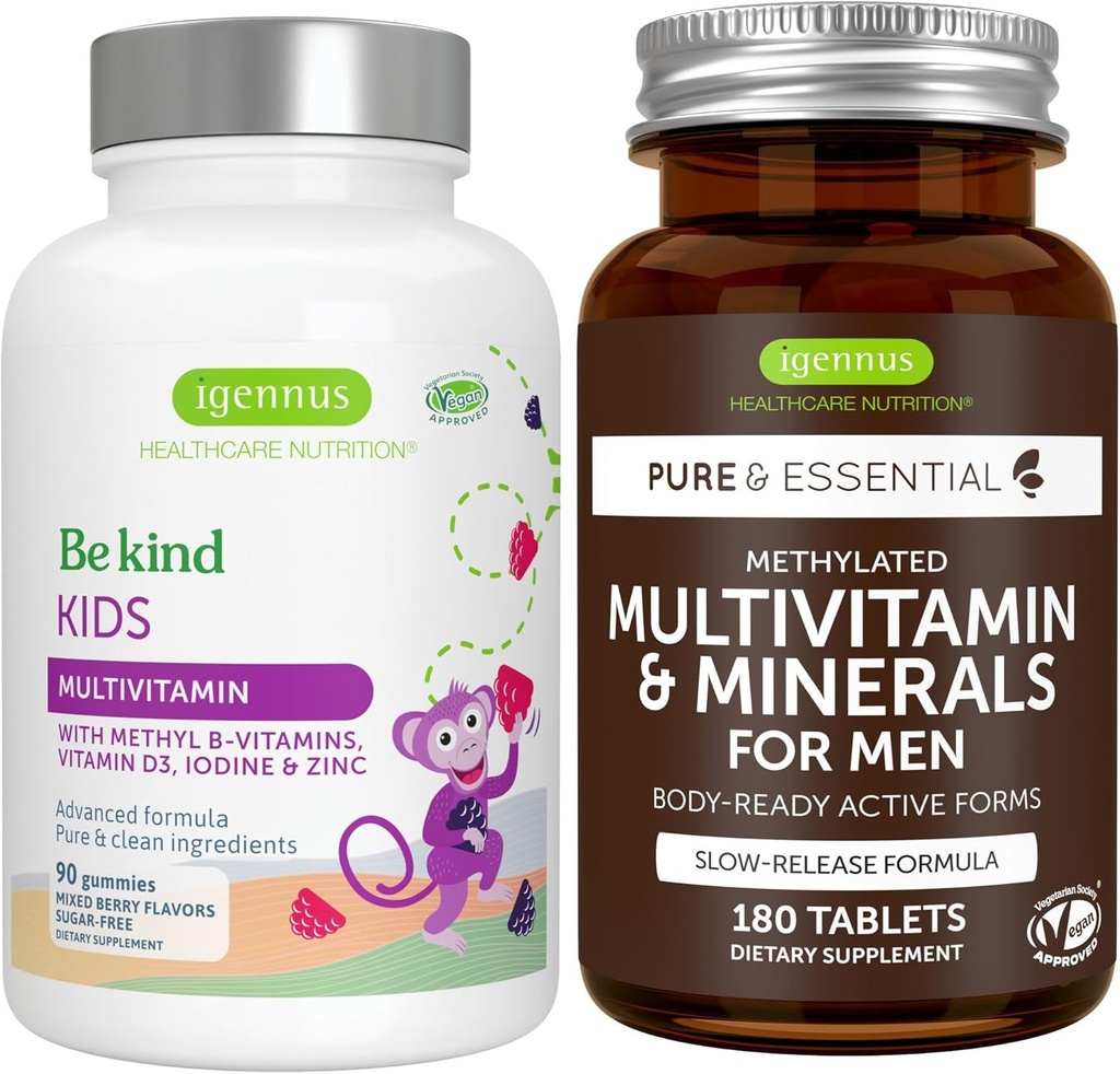 Multivitamina de niños metilados Gummy + Multivitamina Bundle de hombres metilados, MTHFR Suplementos con Active B-Vitamins, Clean Label, por Igennus