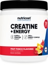 Nutricost Creatine + Energy 30 Servings (Fruit Punch Flavored) - 5,000mg Creatine Monohydrate + 350mg Energy Complex Per Serving