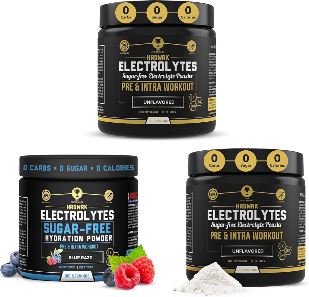 HRDWRK - 100 Servings Keto Electrolytes Powder Hydration Sugar Free - Electrolyte Powder to Boost Endurance " Reduce Fatiga con Electrolytes Suplemento (Unflavored Set of 2 " Blue Razz)