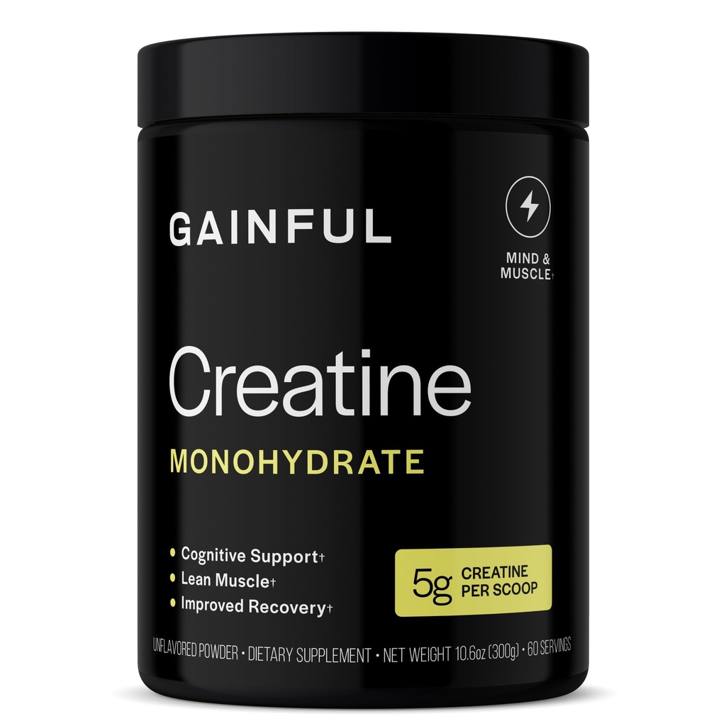 Gainful Creatine Powder, Post Workout Amino Acid Supplement, Muscle, Energy & Focus Support, 5g Creatine Monohydrate, Unflavored, 60 Servings