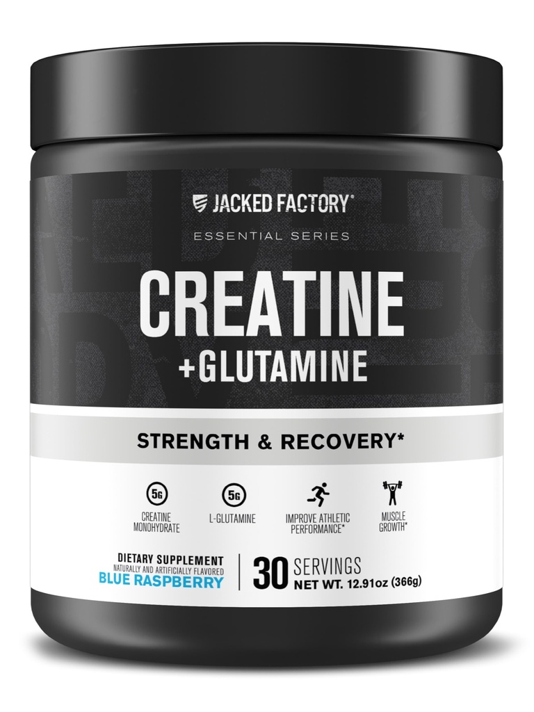 Jacked Factory Creatine + Glutamine - Creatine Supplement with L-Glutamine for Muscle Recovery, Muscle Growth, Increased Strength, Enhanced Energy Output, and Gut Health - 30 Servings, Blue Raspberry