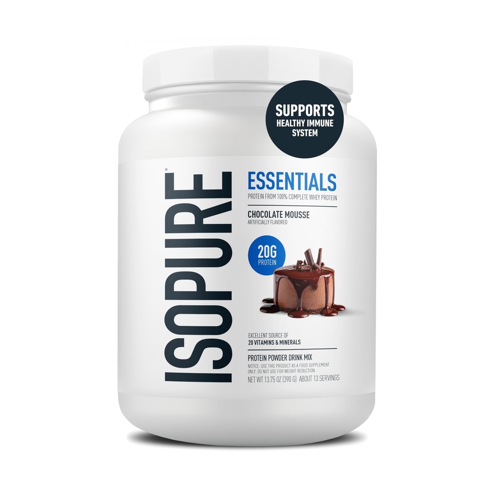 Isopure Essentials 100% Whey Protein Powder, with Vitamins, 20g Protein Per Serving, Chocolate Mousse, 13 Servings (Pack of 1)