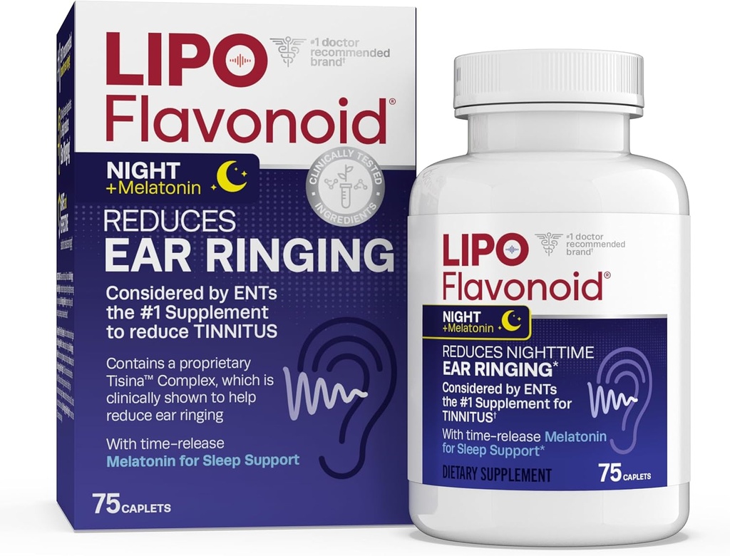 Lipo-Flavonoid Nighttime PM for Tinnitus Relief - Sleep Aid with Melatonin, Bioflavonoids, " Vitamina C - Ringing in The Ear Health, " Relaxation - Use with Lipo-Flavonoid Plus - 75 Caplets